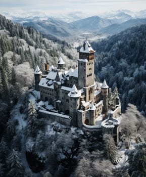 3D rendering of castle ruins on top of a mountain in a misty forest. High quality photo