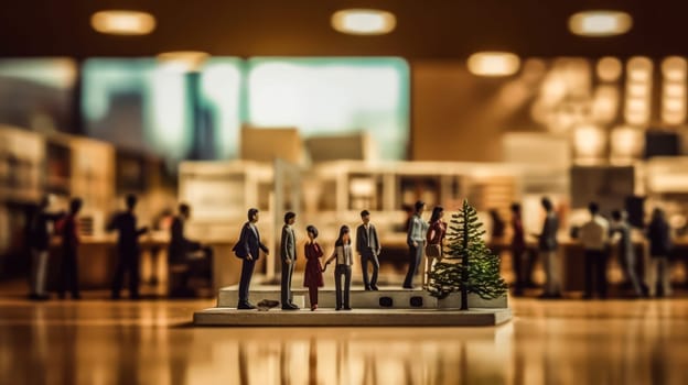 Miniature figures in business suits gather in a cafe standard illustration capturing a business meeting or casual networking in a cozy setting.