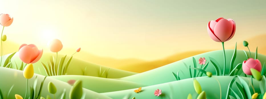 3D minimalist landscape of rolling hills with stylized tulips in soft reds and pinks, evoking the freshness and beauty of spring. banner with copy space