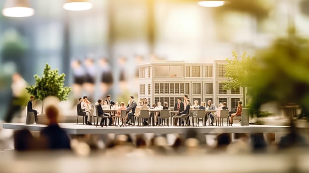 Miniature figures in business suits gather in a cafe standard illustration capturing a business meeting or casual networking in a cozy setting.