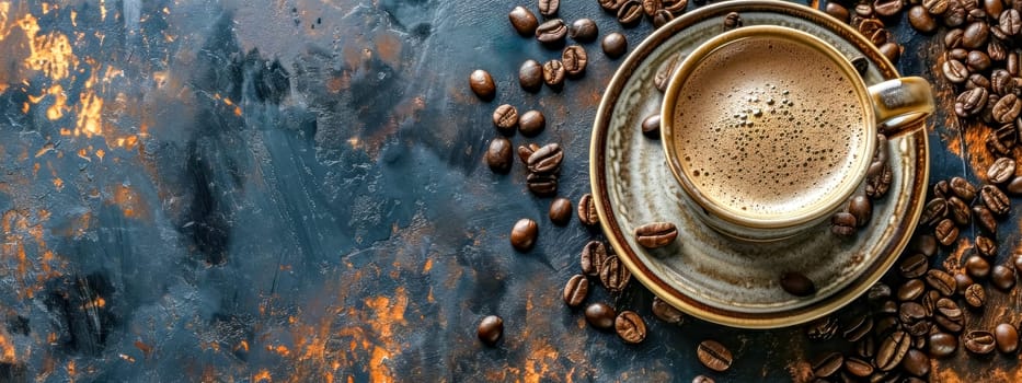 cup of coffee and coffee beans on a textured dark background, perfect for themes related to coffee, refreshment, and energy. banner with copy space