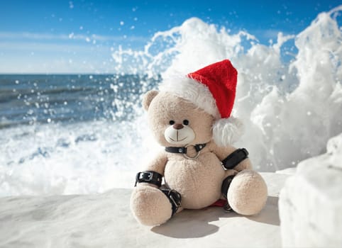 A New Year's teddy bear in a Santa Claus hat in a leather bdsm strap against the background of sea and splashing waves on white stones. High Quality Full HD footage