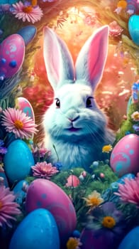 Easter-themed illustration, featuring a white rabbit surrounded by colorful eggs and vibrant spring flowers, encapsulating the joyful spirit of the holiday. vertical