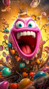 Easter celebration, with a big mouth and a humorous expression surrounded by flying candy and colorful eggs, all set against a golden backdrop. vertical