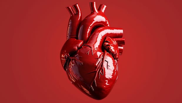 Real human heart in 3D. Red heart on red background computer graphics. A real human organ. High quality photo