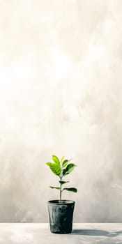 simple and elegant potted plant against a textured beige wall, symbolizing growth, natural beauty, and tranquility in a minimalist setting. vertical banner with copy space