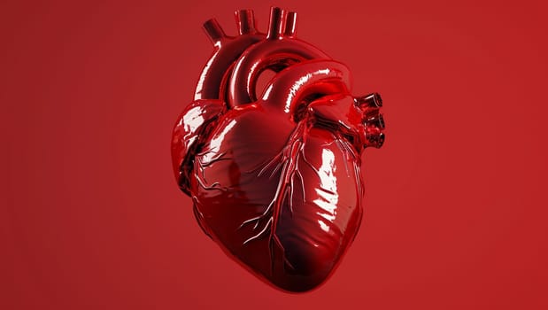 Real human heart in 3D. Red heart on red background computer graphics. A real human organ. High quality photo