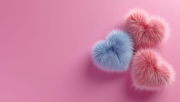 Fur hearts on a pink background. Love and Valentine's day. High quality photo