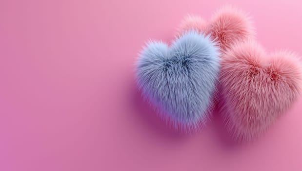 Fur hearts on a pink background. Love and Valentine's day. High quality photo