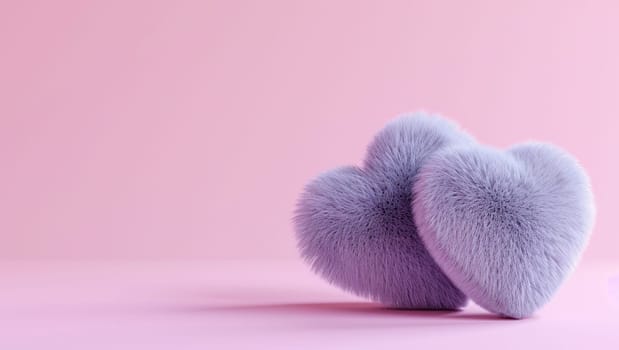 Fur hearts on a pink background. Love and Valentine's day. High quality photo