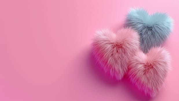 Fur hearts on a pink background. Love and Valentine's day. High quality photo