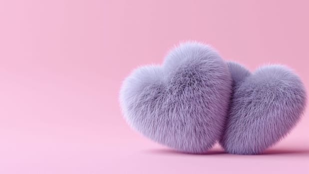 Fur hearts on a pink background. Love and Valentine's day. High quality photo