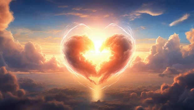 The sky is in the form of a heart. A sign of love and warmth in the sky. The heart hovers above the ground. Valentine's Day. High quality photo. Heart sky.