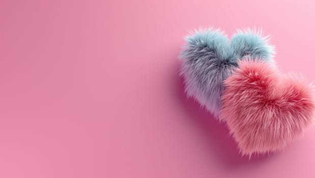 Fur hearts on a pink background. Love and Valentine's day. High quality photo