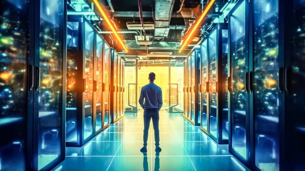 Businessman inspects server cabinets in a data center corridor standard illustration of technical oversight and management
