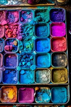 Watercolor palettes and abstract pictures from above standard illustration capturing the creative arrangement in an art studio.
