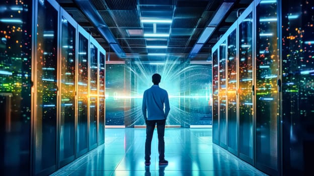 Businessman walks through data center corridor, visually inspecting working server racks standard illustration of technical expertise and management.