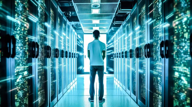 IT professional visually inspects working server cabinets in a data center standard illustration of server maintenance and oversight.