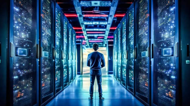 Businessman walks through data center corridor, visually inspecting working server racks standard illustration of technical expertise and management.