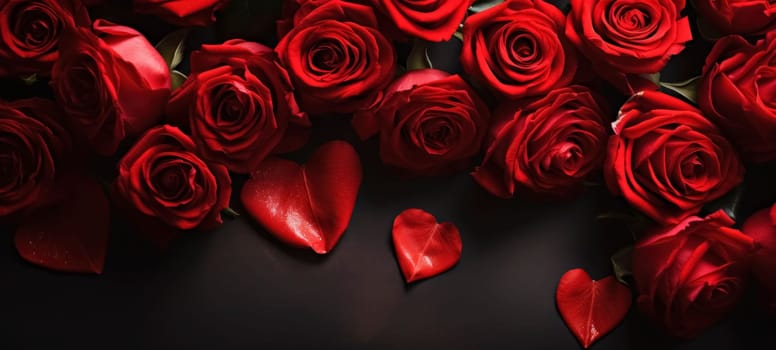 Roses, petals and hearts on a dark background with copy space. Valentine's Day background.