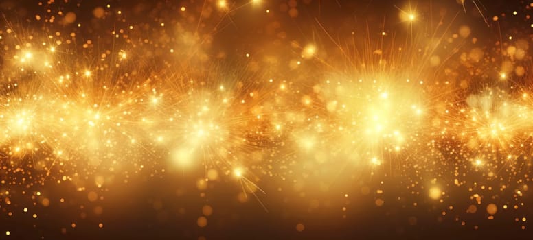 Abstract background with golden fireworks, sparkles, shiny bokeh glitter lights. Festive gold background for card, flyer, invitation, placard, voucher, banner