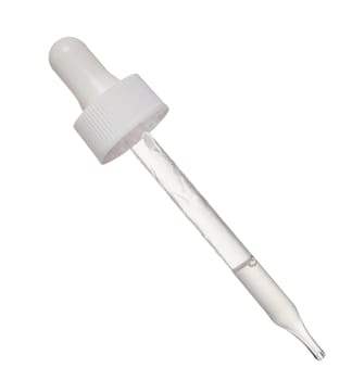 Transparent glass pipette with white liquid on isolated background