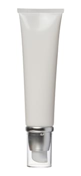 White plastic tube with a transparent cap and dispenser on an isolated background, container for cosmetics