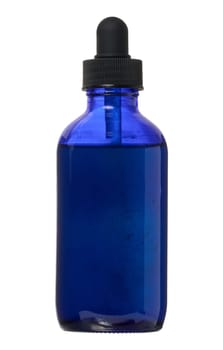 Blue glass bottle with pipette for cosmetics and oils on isolated background