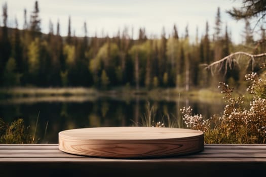 Table top wood counter floor podium in nature outdoors . Blurred green nature background. Natural product present placement pedestal stand display.