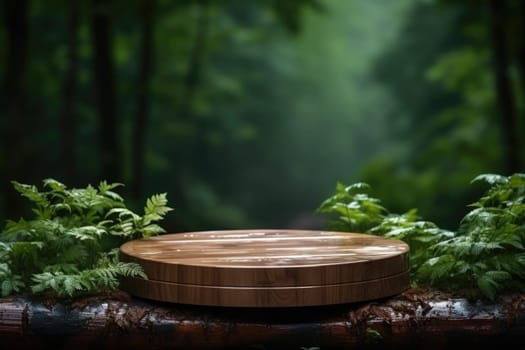 Table top wood counter floor podium in nature outdoors . Blurred green nature background. Natural product present placement pedestal stand display.