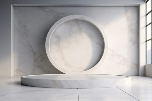 Marble podium for displaying products on a marble surface. Trendy neutral aesthetic layout template for beauty and cosmetics scene.