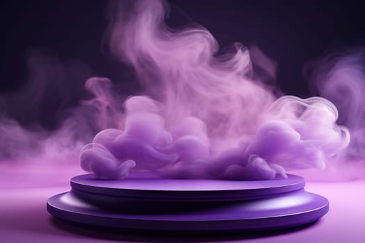 3D podium in clouds of purple smoke