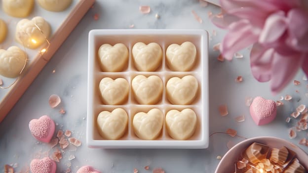 White Day or Valentine Day Concept. Top View of White Box With White Chocolate Sweet in Shape OF Heart, Flower and Light Around. AI Generated. Horizontal Plane. Gift, Beautiful Present.