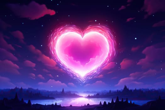 Huge pink heart in the night sky. Romantic illustration.