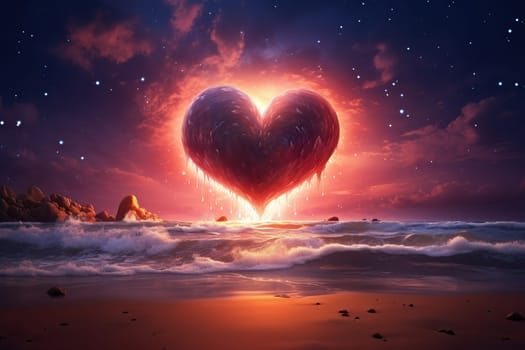 A beautiful bright heart glows in the sky above the sea. Romantic landscape.