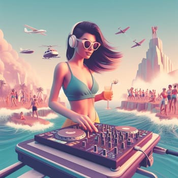 woman dj , wearing glasses earphone hosting dj set at crowded beach party in tropical island sunset ai generative art