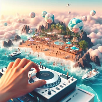 young deejay, wear glasses earphone hosting dj set at crowded beach party tropical island isometric ai generative ai art