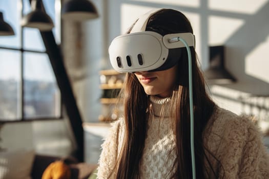 Embracing the sunny day, a bright young woman engages with a virtual reality headset. High quality photo