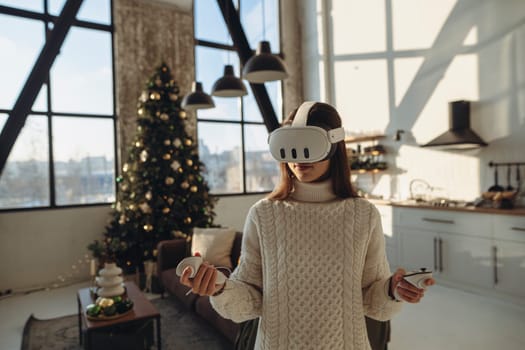 A young woman, looking beautiful in her VR headset, recounts her impressions. High quality photo