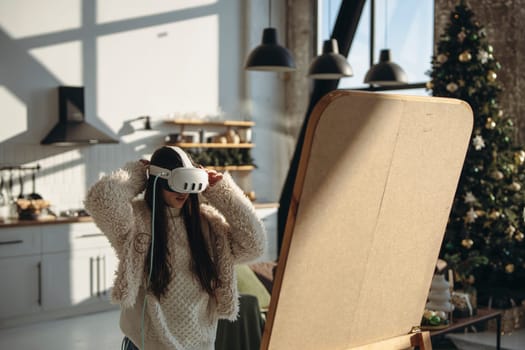 Amidst the sunny ambiance, a lively young woman wears a virtual reality headset. High quality photo