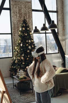Amidst the festive atmosphere, a young lady in light attire and a VR headset observes herself in the mirror. High quality photo