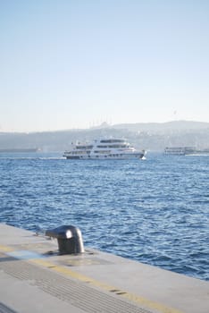 Turkey istanbul 18 july 2023. Transport ferry in the Bosphorus. Ferryboat carries passengers.