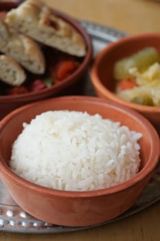 Closeup of Cooked white rice .