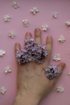 Creative Composition background made of female hand holding beautiful spring pink and white lilac flowers. Backdrop Mockup card invitation greeting card postcard copy space template blank. Springtime