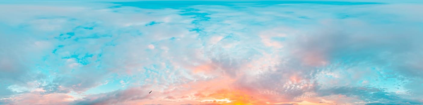 Bright sunset sky panorama with Cirrus clouds. Seamless hdr spherical equirectangular 360 panorama. Sky dome or zenith for 3D visualization, game and sky replacement for aerial drone 360 panoramas.