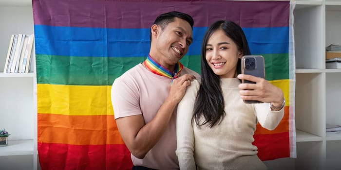 Attractive cheerful gay man enjoy while selfie with female friend.