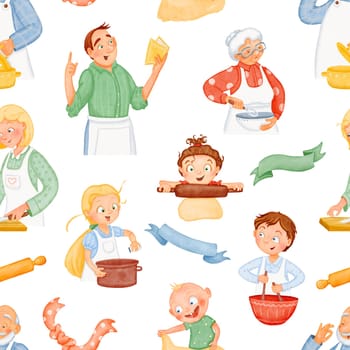 Friendly family. Seamless pattern. Adult children cook lunch with their parents. Watercolor isolated illustrations. men, women, grandmother, grandfather. background.