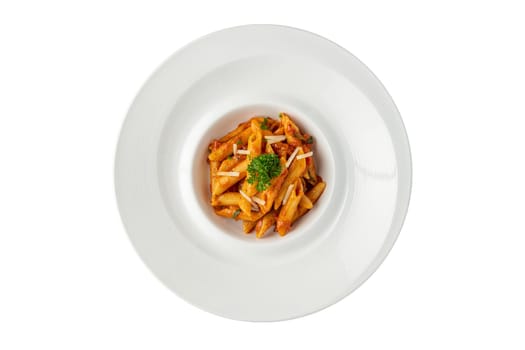 Penne pasta in tomato sauce, tomatoes decorated with parsley on white background