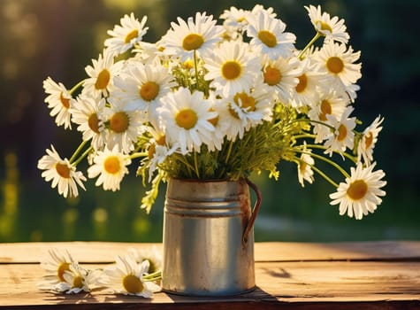 Blooming Beauty: A Colorful Bouquet of White and Yellow Flowers on a Rustic Wooden Table