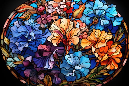 Delicate Floral Nature: A Beautiful Vintage Abstraction of Blooming Flowers on a Blue Glass Stained Glass Window